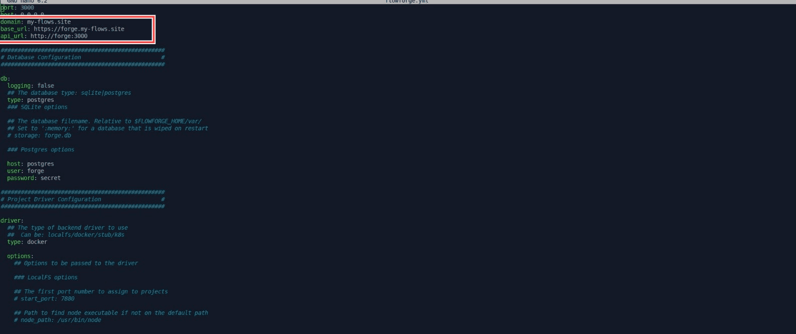 Screenshot of the terminal showing the update made in 'base_url' in the `flowforge.yml` file for SSL configuration "Screenshot of the terminal showing the update made in 'base_url' in the flowforge.yml file for SSL configuration"